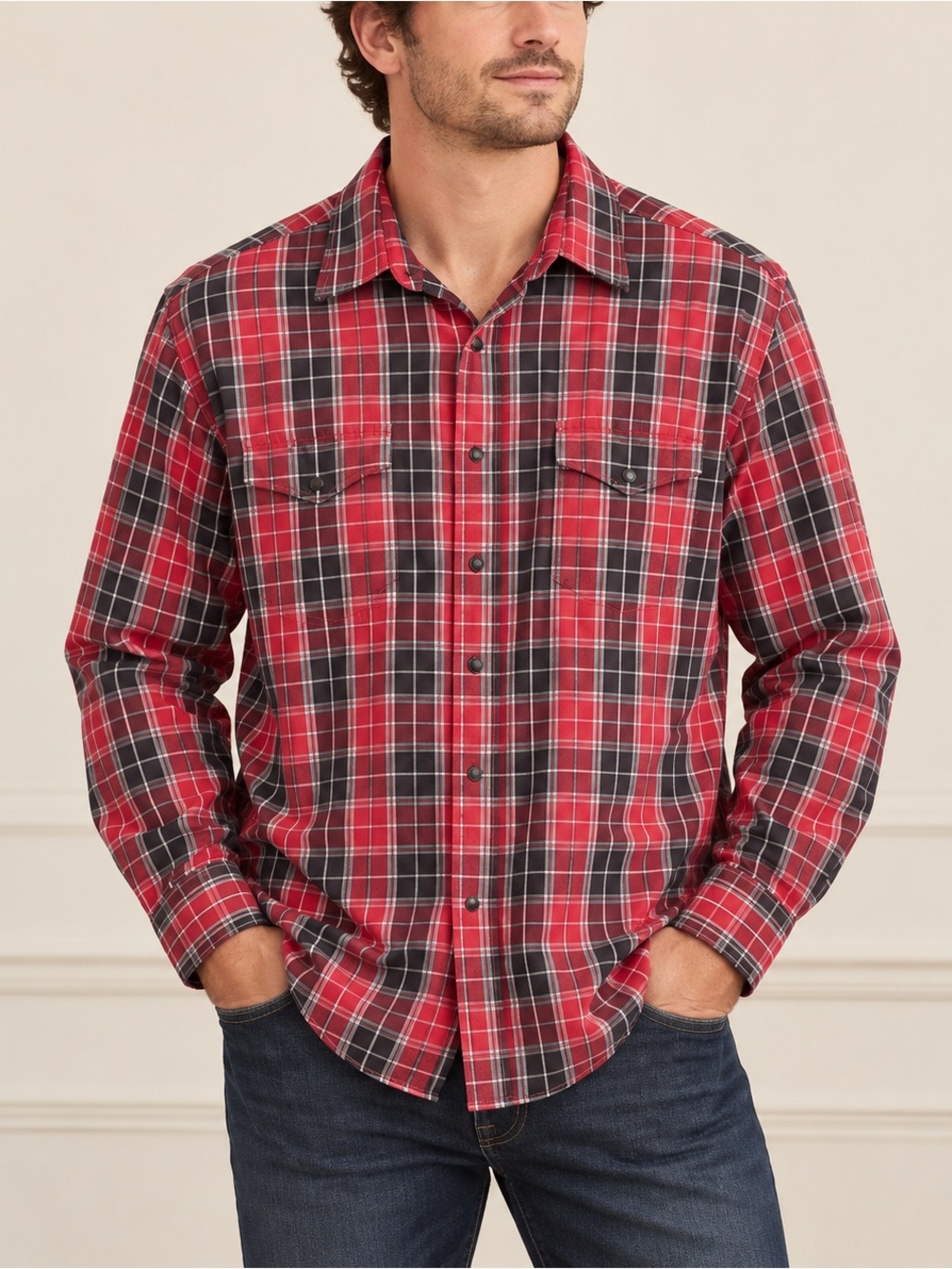Wrangler Red Black Plaid Pearl Snap Western Shirt Large